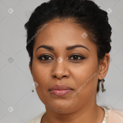 Joyful latino young-adult female with short  brown hair and brown eyes