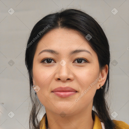 Joyful asian young-adult female with medium  brown hair and brown eyes