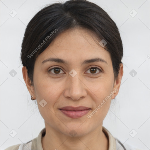 Joyful white adult female with medium  brown hair and brown eyes