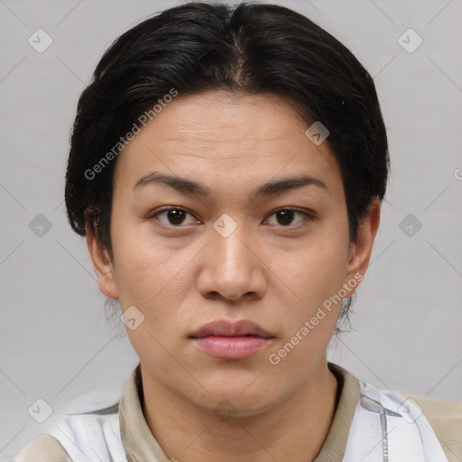 Joyful asian young-adult female with short  brown hair and brown eyes