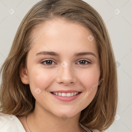 Joyful white child female with medium  brown hair and brown eyes