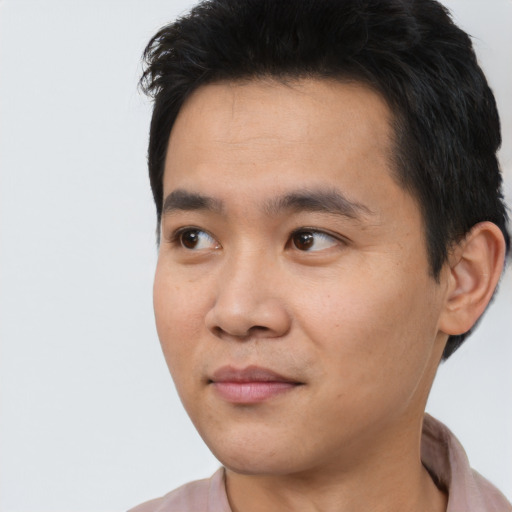 Neutral asian young-adult male with short  black hair and brown eyes