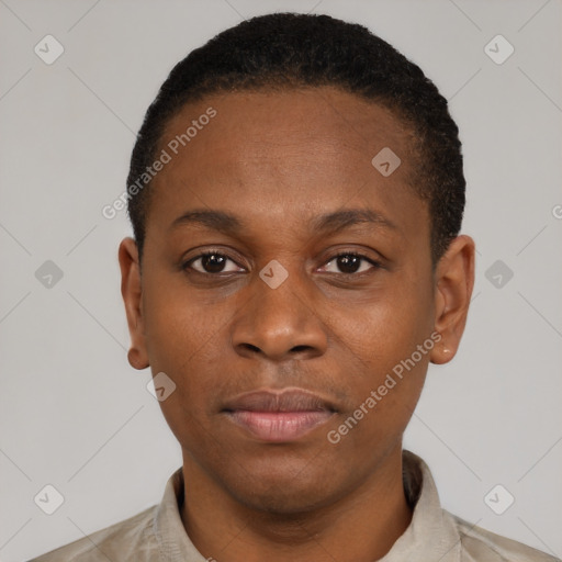 Neutral black young-adult male with short  black hair and brown eyes