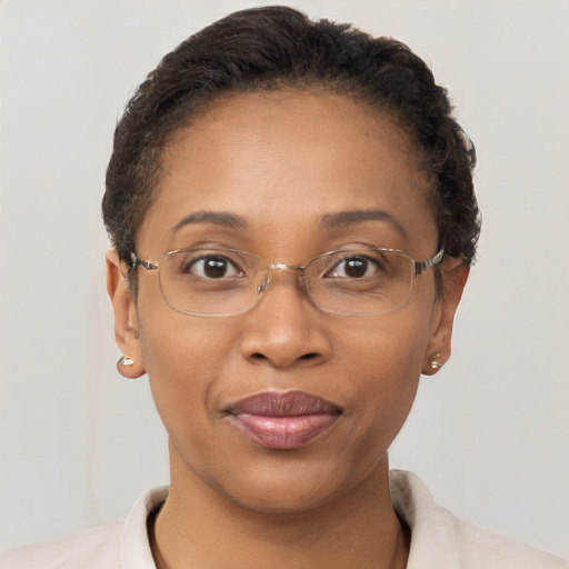 Joyful black adult female with short  brown hair and brown eyes