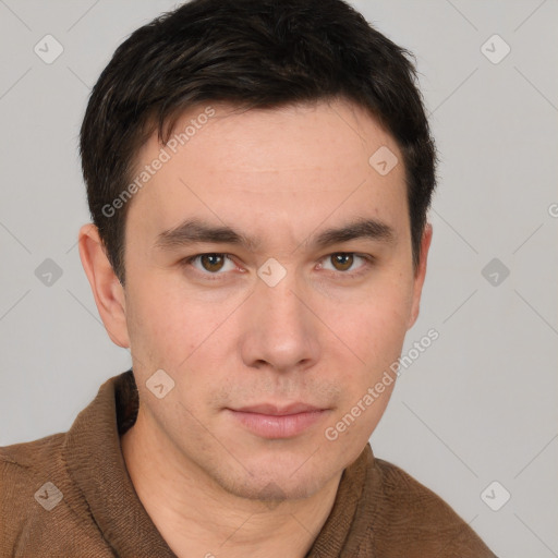 Neutral white young-adult male with short  brown hair and grey eyes