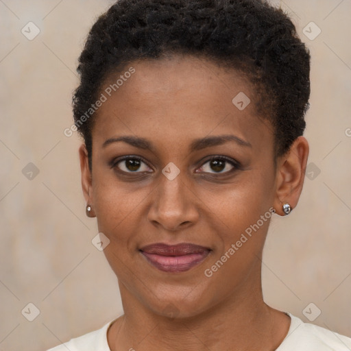 Joyful black young-adult female with short  brown hair and brown eyes