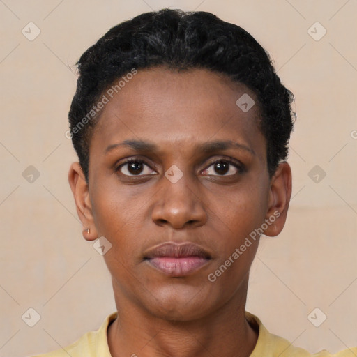 Neutral black young-adult female with short  black hair and brown eyes
