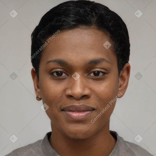 Joyful black young-adult female with short  black hair and brown eyes