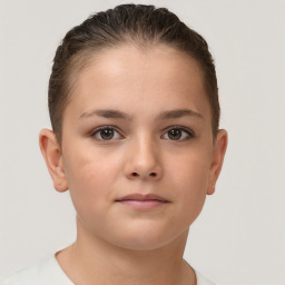 Neutral white young-adult female with short  brown hair and brown eyes