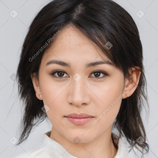 Neutral asian young-adult female with medium  brown hair and brown eyes