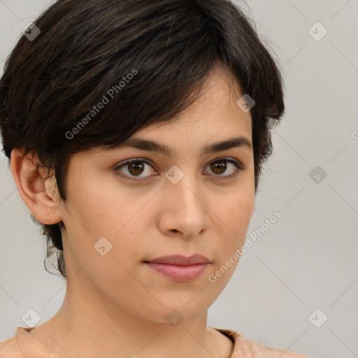 Neutral white young-adult female with medium  brown hair and brown eyes