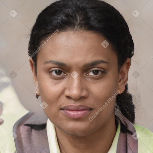 Joyful latino young-adult female with short  brown hair and brown eyes