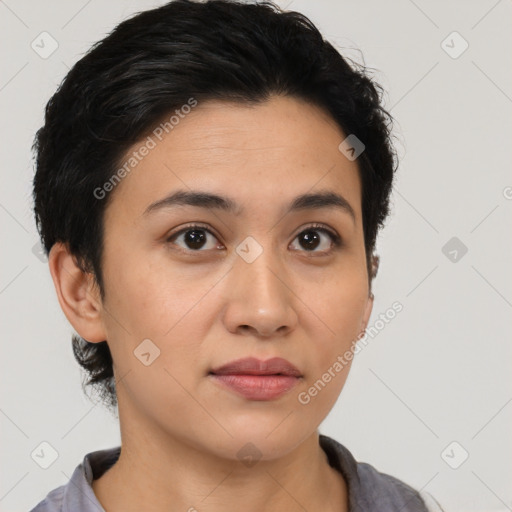 Neutral asian young-adult female with short  black hair and brown eyes