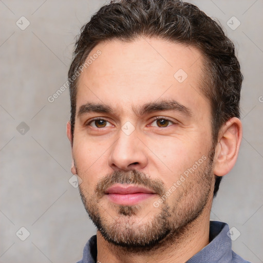 Neutral white young-adult male with short  brown hair and brown eyes