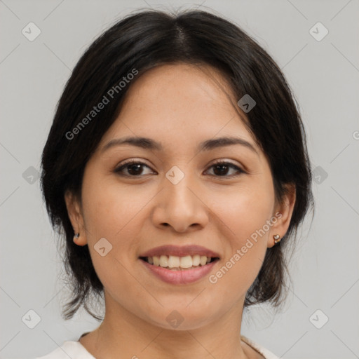 Joyful white young-adult female with medium  brown hair and brown eyes