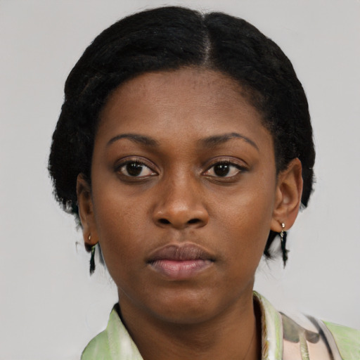 Neutral black young-adult female with short  black hair and brown eyes