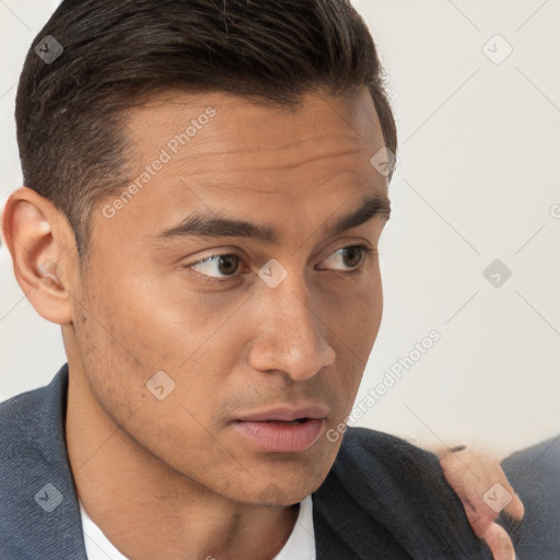 Neutral white young-adult male with short  brown hair and brown eyes