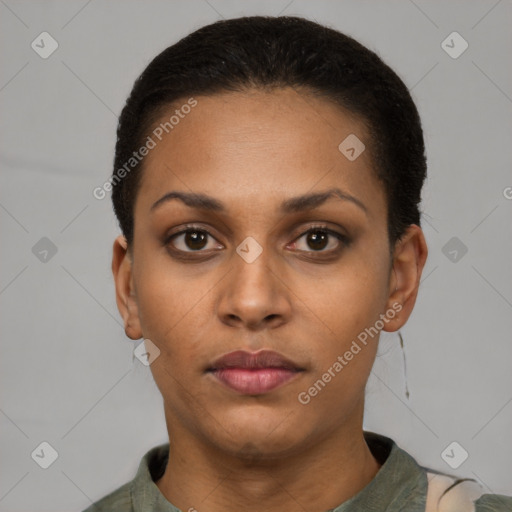 Neutral latino young-adult female with short  black hair and brown eyes