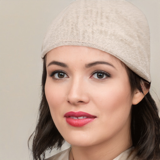 Joyful white young-adult female with medium  black hair and brown eyes