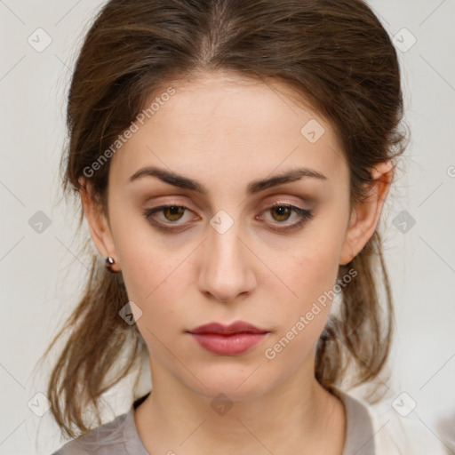 Neutral white young-adult female with medium  brown hair and brown eyes