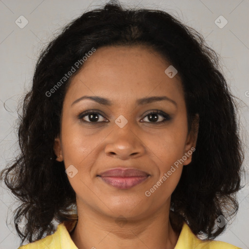 Joyful black young-adult female with medium  brown hair and brown eyes