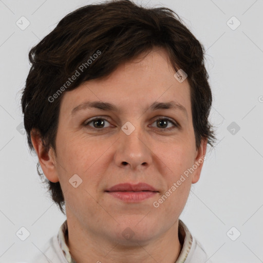 Joyful white adult female with short  brown hair and grey eyes