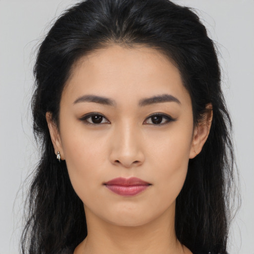 Neutral asian young-adult female with long  brown hair and brown eyes