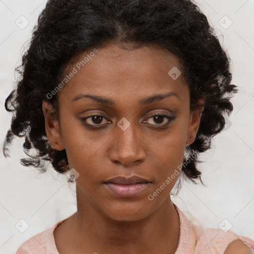 Neutral black young-adult female with medium  brown hair and brown eyes