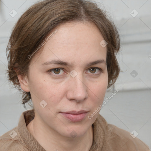 Neutral white young-adult female with medium  brown hair and grey eyes