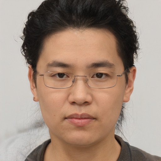 Neutral asian adult male with short  brown hair and brown eyes