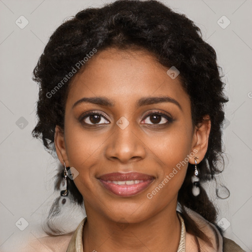 Joyful black young-adult female with medium  black hair and brown eyes