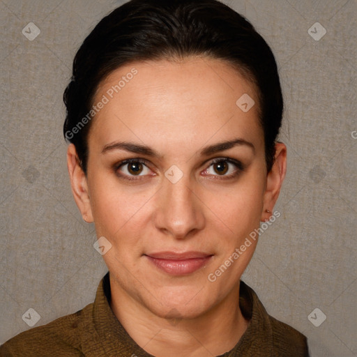 Joyful white adult female with short  brown hair and brown eyes