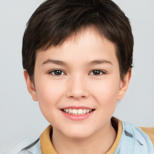 Joyful white child female with short  brown hair and brown eyes