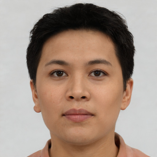Neutral asian young-adult female with short  brown hair and brown eyes