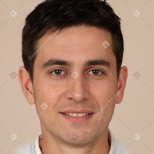 Joyful white young-adult male with short  brown hair and brown eyes