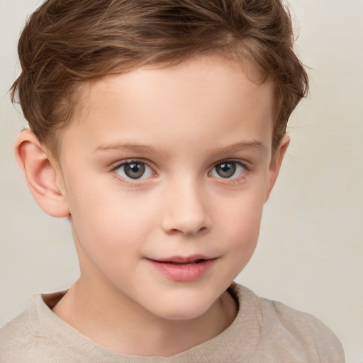 Joyful white child female with short  brown hair and grey eyes