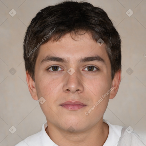 Neutral white young-adult male with short  brown hair and brown eyes