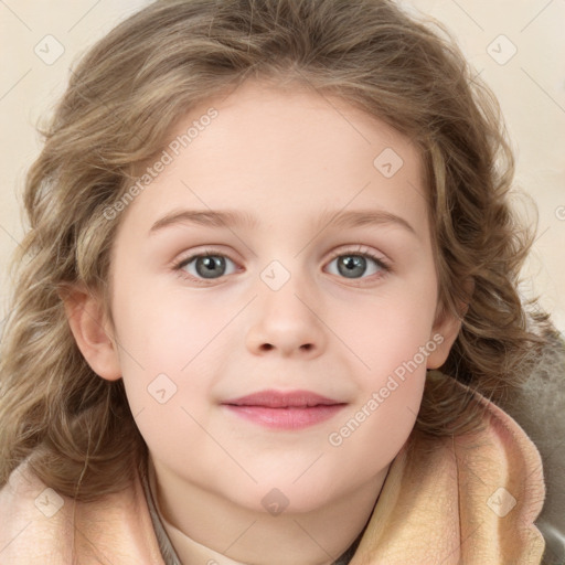 Joyful white child female with medium  brown hair and blue eyes