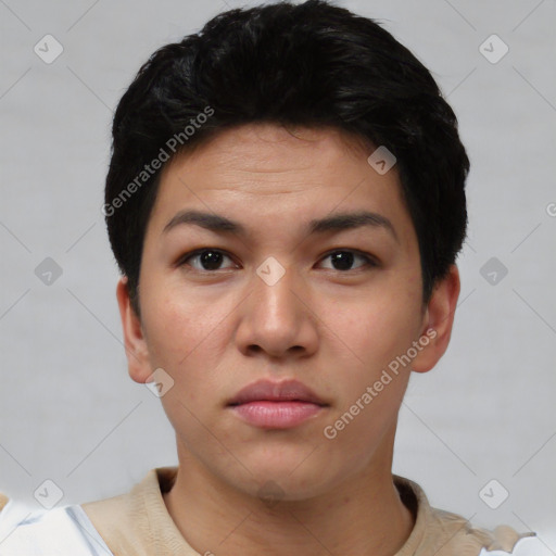 Neutral asian young-adult female with short  black hair and brown eyes