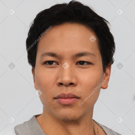 Neutral asian young-adult male with short  black hair and brown eyes