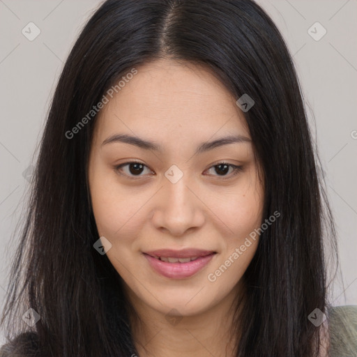 Joyful asian young-adult female with long  brown hair and brown eyes