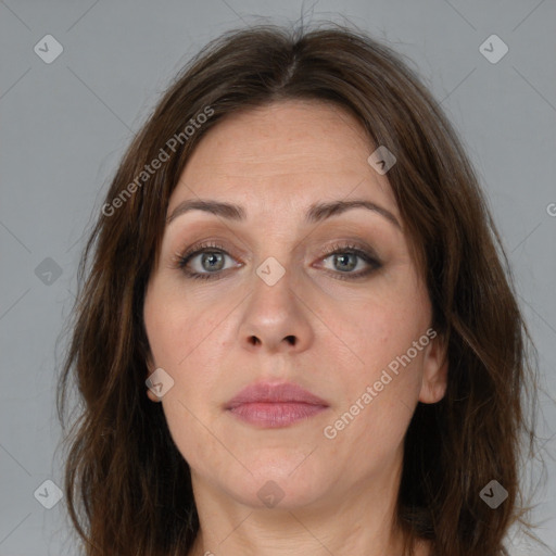 Neutral white adult female with medium  brown hair and grey eyes