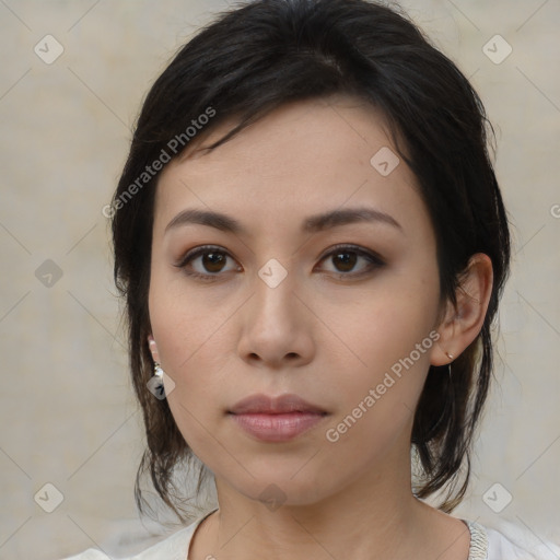 Neutral asian young-adult female with medium  black hair and brown eyes