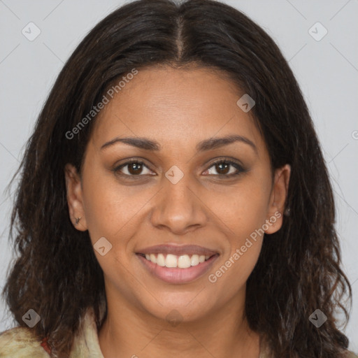 Joyful black young-adult female with medium  brown hair and brown eyes