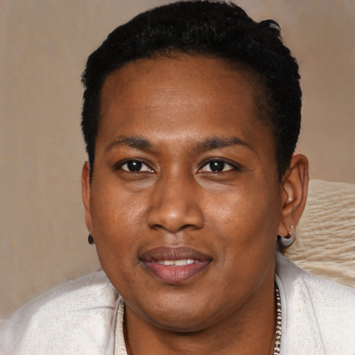 Joyful black young-adult female with short  black hair and brown eyes