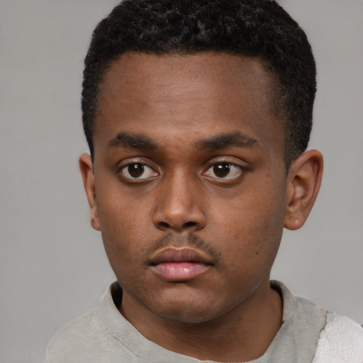 Neutral black young-adult male with short  black hair and brown eyes