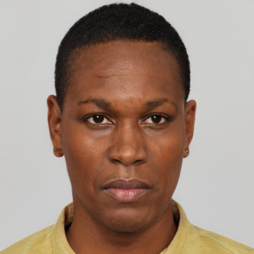 Neutral black young-adult female with short  black hair and brown eyes
