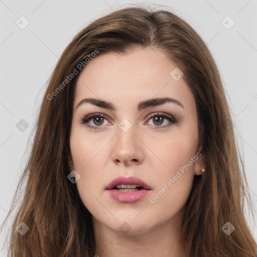 Neutral white young-adult female with long  brown hair and brown eyes