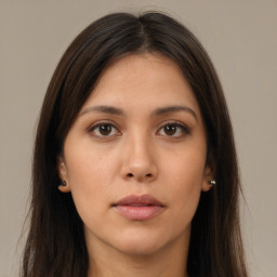 Neutral asian young-adult female with long  brown hair and brown eyes