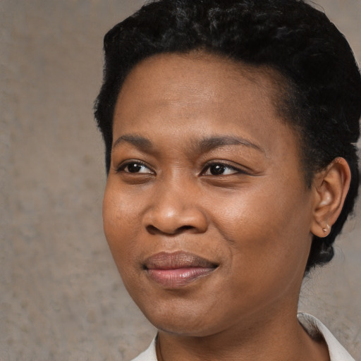 Joyful black young-adult female with short  black hair and brown eyes